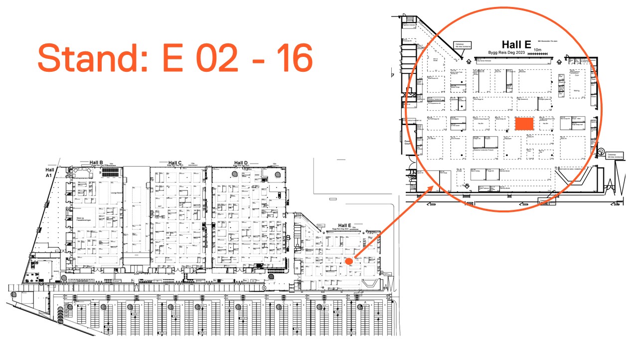 Oversiktskart over stands på Bygg Reis Deg- messen med fremheving av Liftrollers stand.