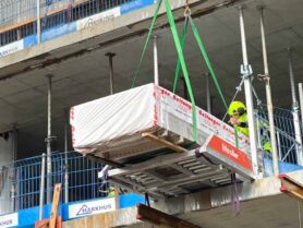 Belevue_New build_Byggmester Markhus_Liftroller Floor Package of drywall sheets rolled into the building using Liftroller Floor